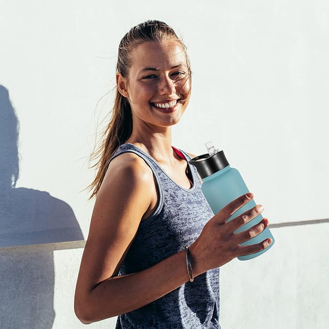 32 oz Insulated Water Bottle with Straw Lid & Wide Mouth Lids, Stainless Steel Sports Water Bottles, Double Walled Vacuum, Leak Proof, Turquoise Blue