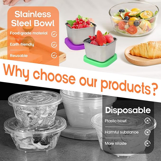 6 Pack 6oz Stainless Steel Snack Containers，304 food grade material,Easy-open, stackable, leak-proof snack containers with silicone lids are perfect for festival, school, and travel.