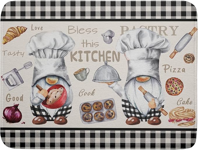 Chef Gnome Dish Drying Mats for Kitchen Counter 18x24 inch, Buffalo Plaid Cooking Utensils Absorbent Dishes Drainer Mat, Reversible Microfiber Quick Dry Rack Pad with Hanging Loop