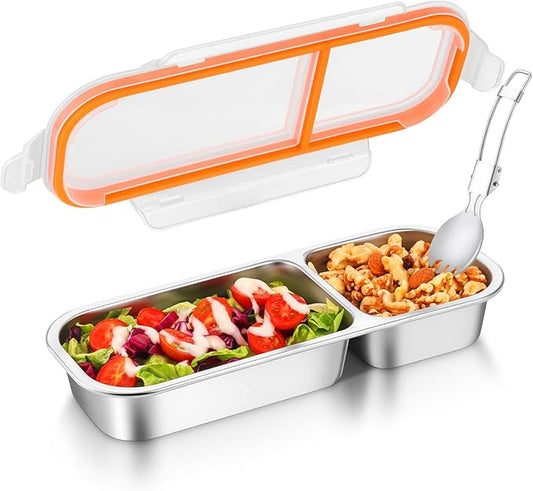 Stainless Steel Snack Containers with Lids & Spork, Reusable 2 Compartment Condiment Boxes, Divided Grab Food Storage Containers, Sauce Cups for Home, Travel (2 Compartments)
