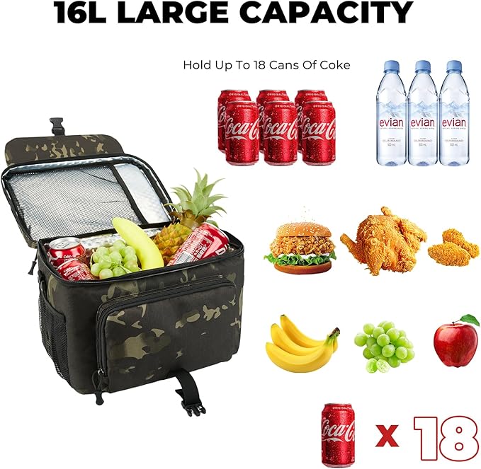 Ronyes Tactical Lunch Box for Men,Large Insulated Lunch Bag with Shoulder Strap,Heavy Duty lunchbox Cooler MOLLE Webbing, Leakproof Pail for Work Camping Fishing-Camo Black