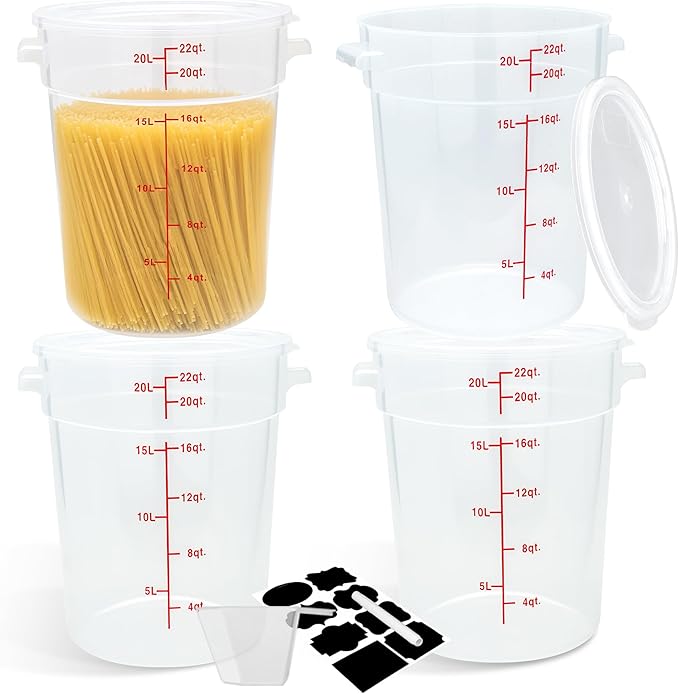 4 Pack Round Food Storage Containers with Lids, 22Qt Large Translucent, Polypropylene, BPA Free, Includes Labels & Measuring Cups