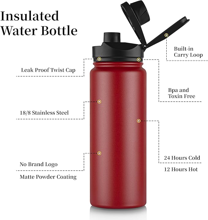 24 oz Insulated Water Bottle Bulk 4 Pack, Stainless Steel Sports Water Bottles with Straw Lid & Wide Mouth Lids, Double Walled Vacuum, Leak Proof, Red