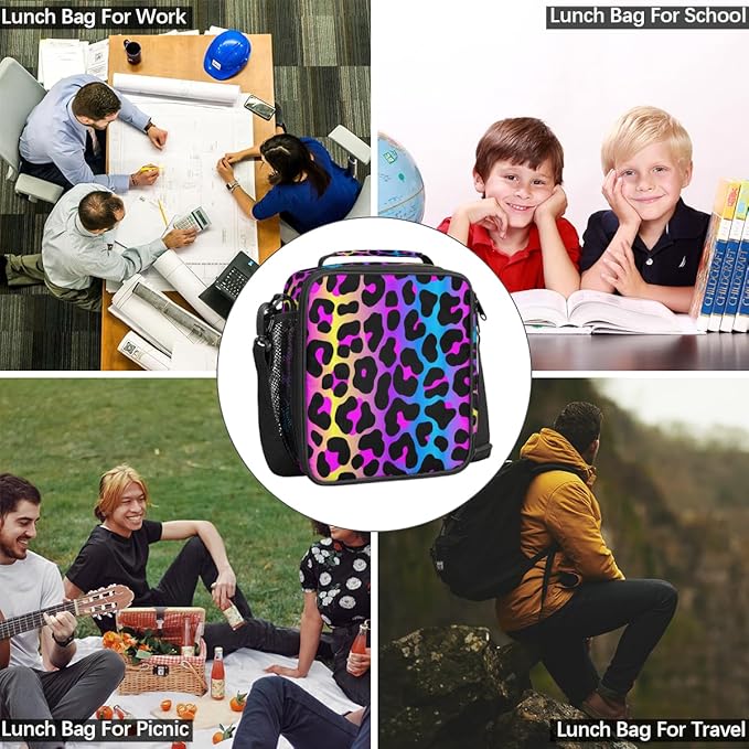 Rainbow Cheetah Leopard Print Lunch Bag Box for Kids Boys Girls Insulated Lunch Tote Bag with Adjustable Shoulder Strap Reusable Waterproof Thermal Cooler Bag for School Work Picnic Women Men