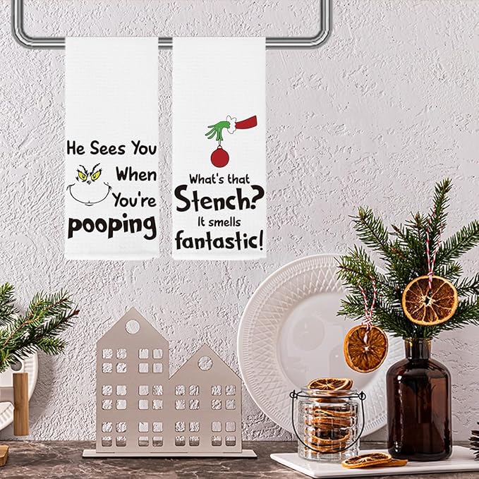 Christmas Kitchen Decor,Christmas Hand Kitchen Towels Set of 2,Xmas Decor He Sees You When You're Pooping Baking Cooking Cloth,Funny Holiday Winter Home Kitchen Decoration 14 x 23 Inches