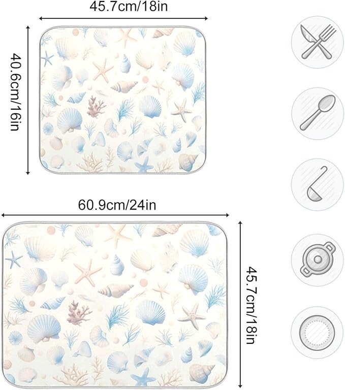 Starfish Corals Shells Dish Drying Mat for Kitchen Counter Super Absorbent Dishes Pad Reversible Microfiber Protector Dish Draining Mats 16x18 inch