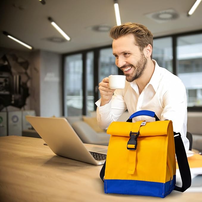 SUNNY BIRD Insulated Lunch Bag Rolltop Lunch Box Tote Lunchbox Bag for Women, Men, Boys and Girls (Yellow)