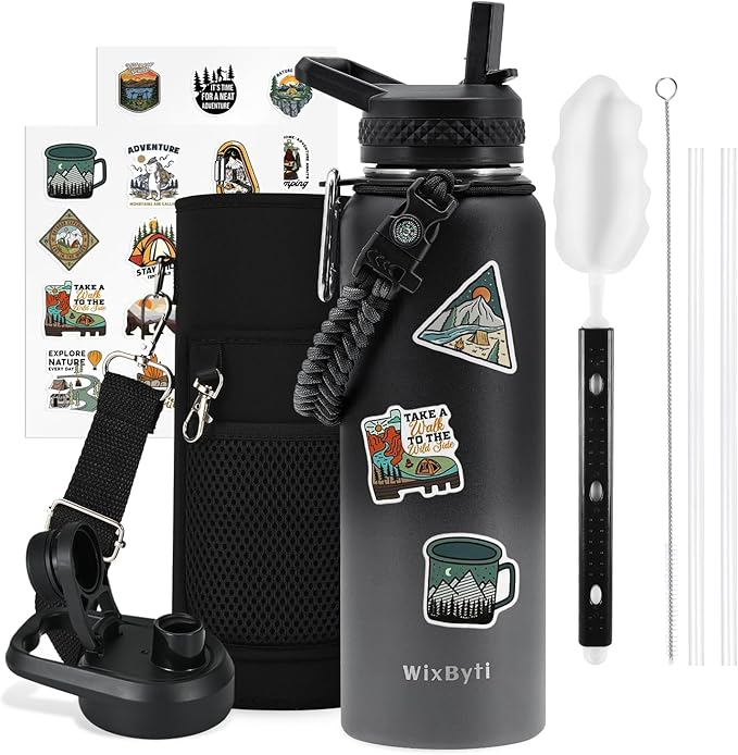 40 oz Insulated Water Bottle with Straw (Cold for 48 Hrs), Stainless Steel Triple Wall Vacuum Sports Water Jug, Leakproof Hydro Cup Flask with Paracord Handle & Straw Spout Lids & DIY Stickers