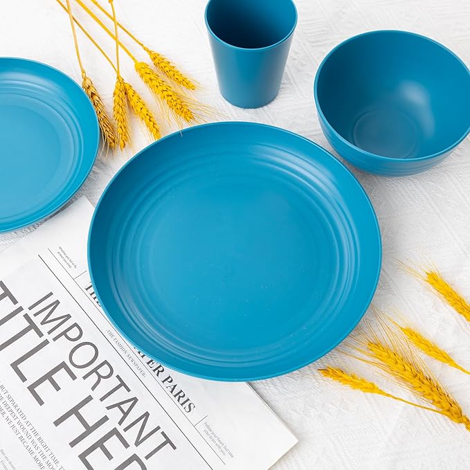 LIYH 48 Pcs Blue Plastic Wheat Straw Dinnerware, Plates and Bowls Set, Camping Dish Set for 12, Dishwasher Safe Dinnerware Sets, Unbreakable Plastic, Camper Dish Sets