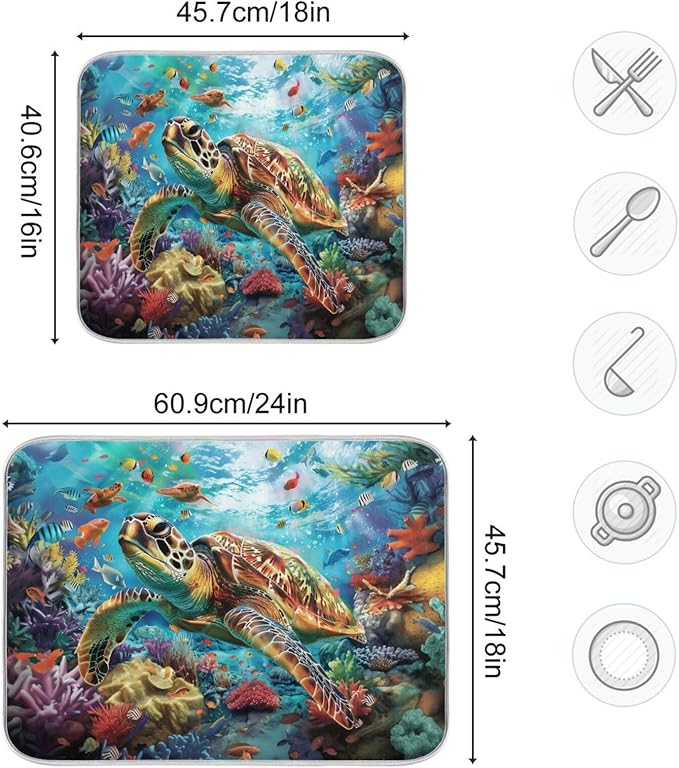Sea Turtle Coral Fish Dish Drying Mat for Kitchen Counter Super Absorbent Dishes Pad Reversible Microfiber Protector Dish Draining Mats 18x24 inch
