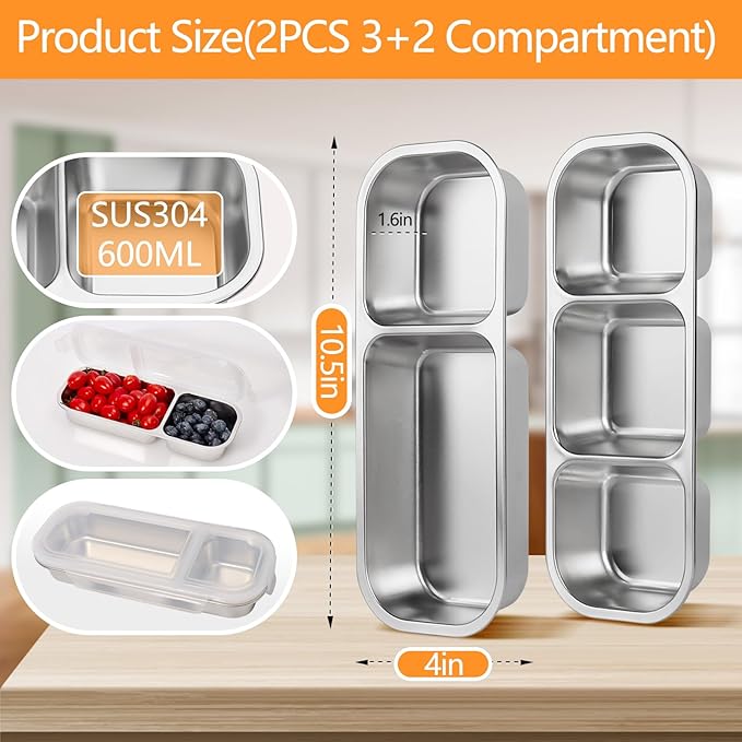 Stainless Steel Snack Containers with Lids, 2 Pack Grab and Go Metal Snack Containers, 3 Compartment Reusable Stainless Steel Snack Box for Food Lunch Meal Prep (3+2 Compartment 2 PCS)