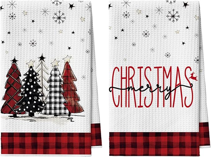 Artoid Mode Red Buffalo Plaid Xmas Tree Christmas Bar Kitchen Towels, 12x24 Inch Quick Dry Microfiber Cloth Dish Towels for Kitchen Drying Set of 2