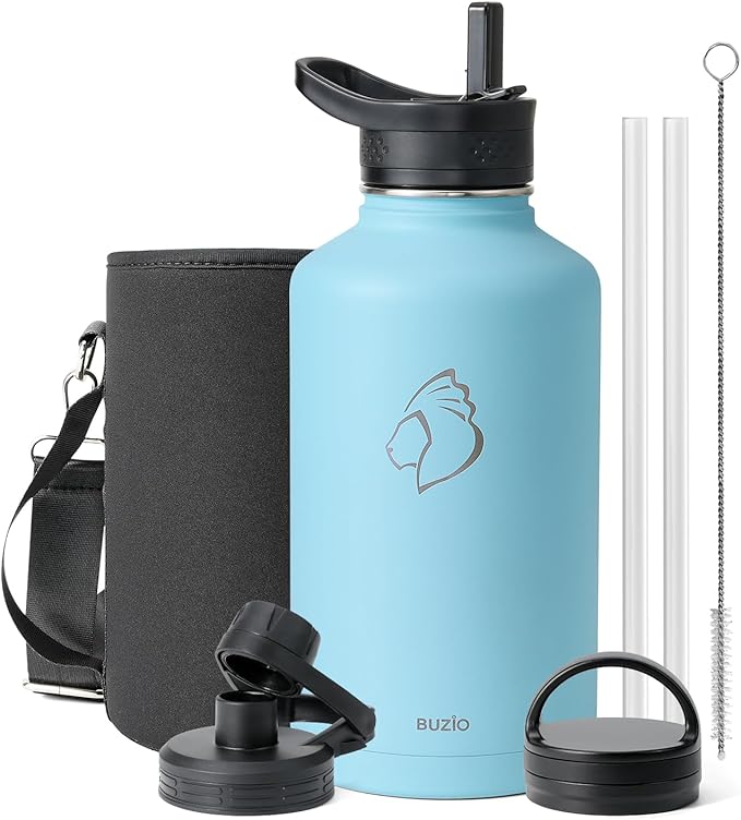 BUZIO 64 oz Water Bottle Insulated with Straw & 3 lid and Carrying Pouch, Leak Proof Half Gallon Stainless Steel Water Flask Jug, Cold for 48 Hrs Double Vacuum Thermo Canteen, BPA-Free, Blue