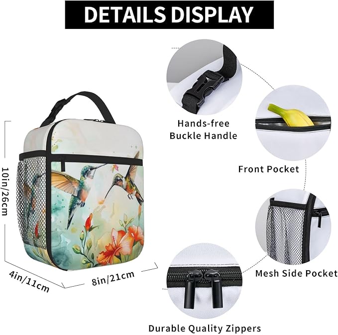 SUPLUCHOM Lunch Bag Hummingbird Flower Watercolor Insulated Bento Box Cooler with Side Pocket for Girl Boy Women Men Work School Picnic Hiking Daytrip