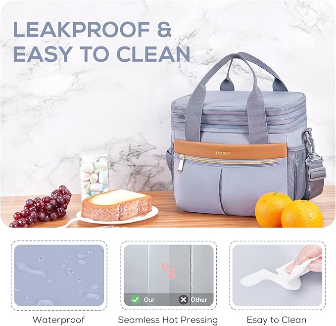 TOURIT Insulated Lunch Box Bag, Double Deck Leakproof Cooler Tote for Work Office Picnic, Expandable Lunch Container, Grey