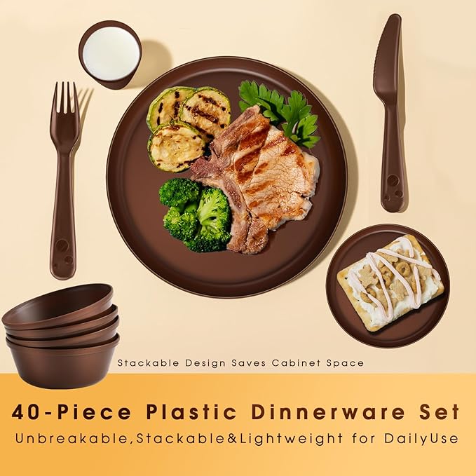 40-Piece Unbreakable Kids Dinnerware Set for Toddlers & Children, BPA-Free & Easy-Clean PP Plates and Bowls, Microwave & Dishwasher Safe, Complete Family Pack (Service for 8)