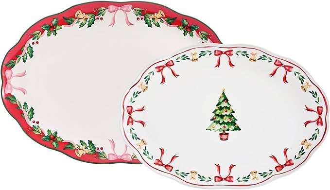 Bico Ribbon Christmas Scalloped 16 plus 14 inch Ceramic Oval Platters Set, Set of 2, Microwave & Dishwasher Safe, for Serving Fish, Chicken, Turkey