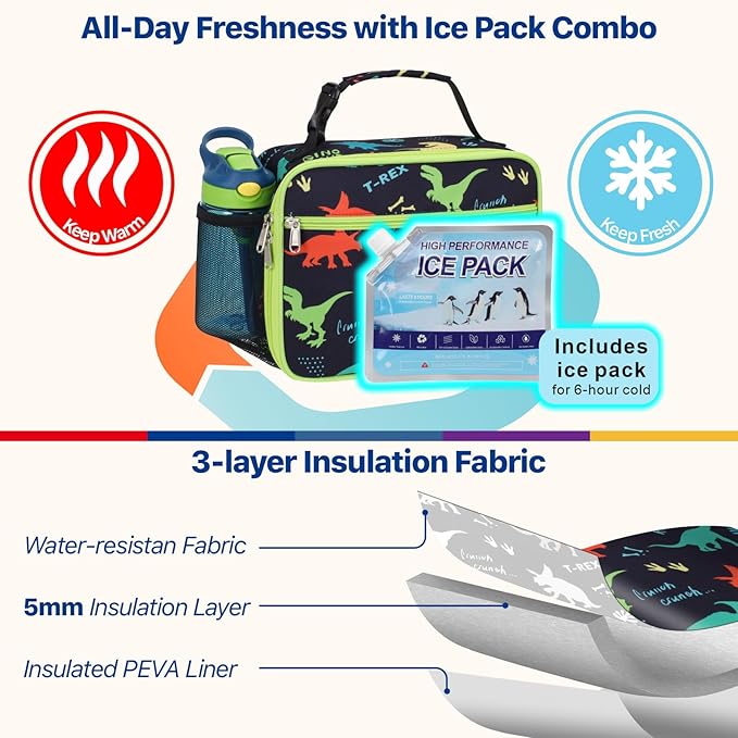 Bagseri Kids Lunch Bag with Ice Pack - Kids Lunch Box for Boys Reusable and Insulated Lunch Bag Toddler Lunch Box for Daycare and School, Black Dinosaur