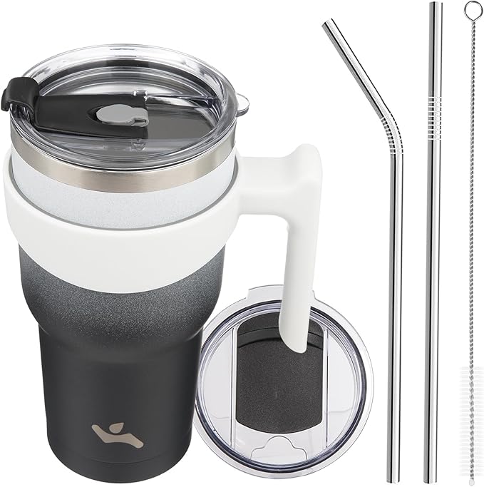 30 oz Tumbler with Handle and 2 Straw 2 Lid, Insulated Water Bottle Stainless Steel Vacuum Cup Reusable Travel Mug,Day Night