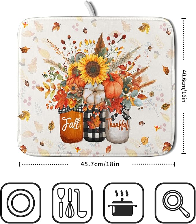 Autumn Pumpkin Dish Drying Mat 16x18 Inch Sunflower Flower Vase Washable Draining Mat with Hanging Loop Seasonal Holiday Home Decoration
