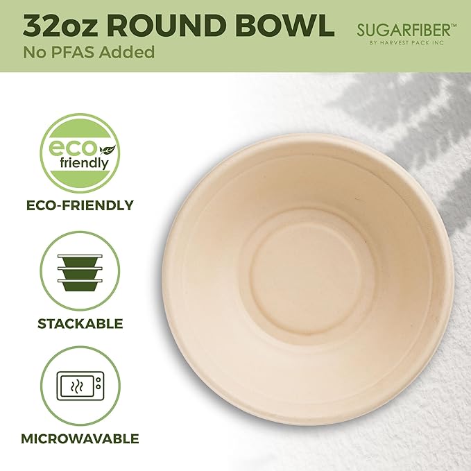 [500 COUNT]Harvest Pack PFAS FREE 32oz Round Paper Bowls with Flat Lids - Compostable Heavy-Duty Eco-Friendly Disposable Bagasse Bowl Sugarcane made plant fibers for Meal Prep