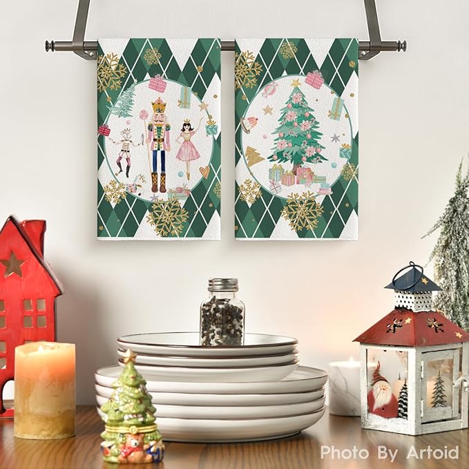 Artoid Mode Green Nutcrackers Tree Christmas Kitchen Towels Dish Towels, 18x26 Inch Gift Box Snowflake Winter Decoration Hand Towels Set of 2