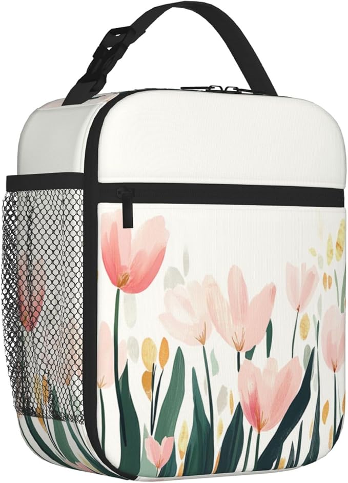 SUPLUCHOM Lunch Bag Tulip Flower Watercolor Insulated Bento Box Cooler with Side Pocket for Girl Boy Women Men Work School Picnic Hiking Daytrip