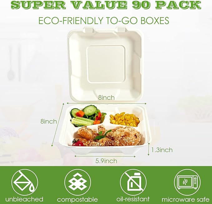 Vplus 100% Compostable Clamshell Take Out Food Containers, 90 PACK 8 inch x 8 inch Eco-Friendly Disposable 3 Compartment, Heavy-Duty Bagasse To-Go Containers for Next Day Lunch, Potluck Party