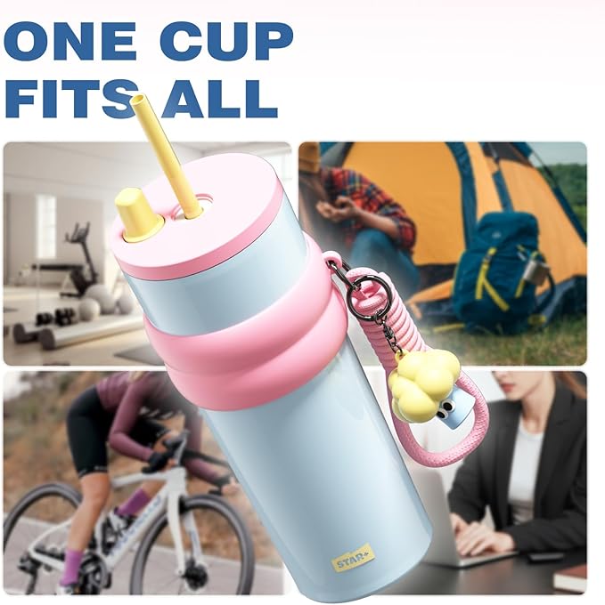 24 oz Stainless Steel Tumbler with Lid and Straw, Insulated Water Bottle Leak Proof for Hot and Cold, Portable Travel Coffee Mug, Reusable Coffee Cup for Women, Blue