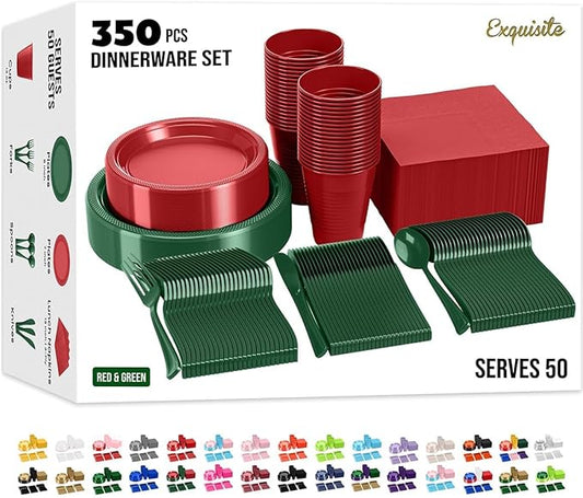 Party Solids 350 Pieces Red & Green Christmas Plastic Plates For Party, Christmas Disposable Plates Set, 50 Of Each 9" Dinner Plate Set, 7" Dessert Plate, Cups, Napkins & Cutlery Plastic Dinnerware