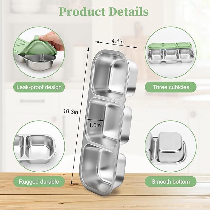 ﻿ 3 Compartment Stainless Steel Snack Containers with Silicone Lids, Reusable Food Storage Containers ，snackle box container for School ，Travel, Outdoor, Camping.