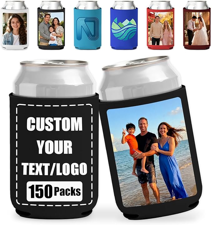 150 Pack Custom Can Coolers - Bulk Personalized Neoprene Beer Sleeves with Logo Text Photo Insulated Drink Holders for Weddings Parties Events
