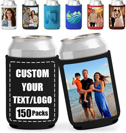 150 Pack Custom Can Coolers - Bulk Personalized Neoprene Beer Sleeves with Logo Text Photo Insulated Drink Holders for Weddings Parties Events
