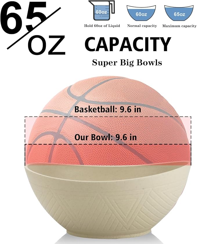 Wrova 65oz Big Salad Bowls - Large Wheat Straw Bowls set of 6 - Unbreakable Serving Bowls - Microwave & Dishwasher Safe Bowl for Cereal,Salad - Vibrant Series