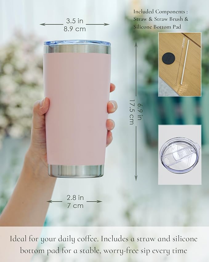 Travel Coffee Tumbler 20oz, 12 Pack Leakproof Travel Coffee Mug with Lid and Straw, Stainless Steel Double Wall Vacuum Insulated Tumbler for Hot/Iced Drinks (Textured Matte, Soft Pink)