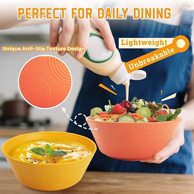 Wheat Straw Bowl Sets of 6 - 36oz Cereal Bowls with Textured Design,Large Soup Bowl - Microwave and Dishwasher Safe, Ramen Bowl Set, Alternative to Plastic Bowls for Serving Soup,Ramen,Salad - Multi