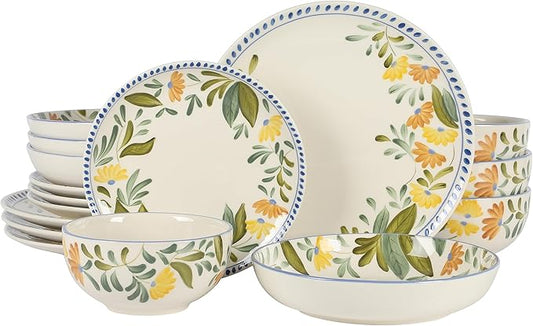 Bloomhouse Posy Blossom Double Bowl Hand Painted Stoneware Plates and Bowls Floral Dinnerware Set, Service for Four (16pcs)