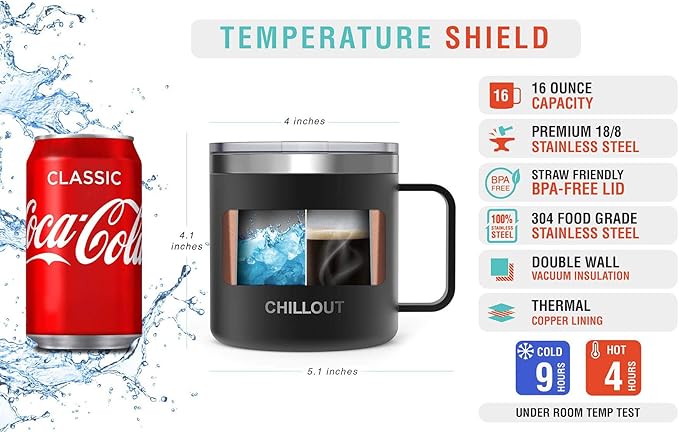 CHILLOUT LIFE Stainless Steel 16 oz Vacuum Insulated Coffee Mug with Handle and Lid, Large Thermal Camping Coffee Mugs with Sliding Lid for Men & Women - Keeps your Beverages Hot/Cold, 2 Pack
