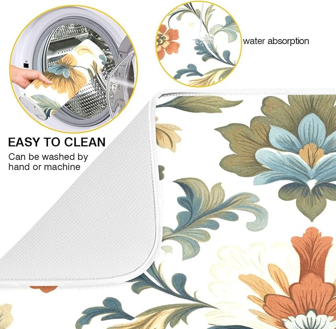 Vintage Colorful Flowers Dish Drying Mat for Kitchen Counter Super Absorbent Dishes Pad Reversible Microfiber Protector Dish Draining Mats 18x24 inch