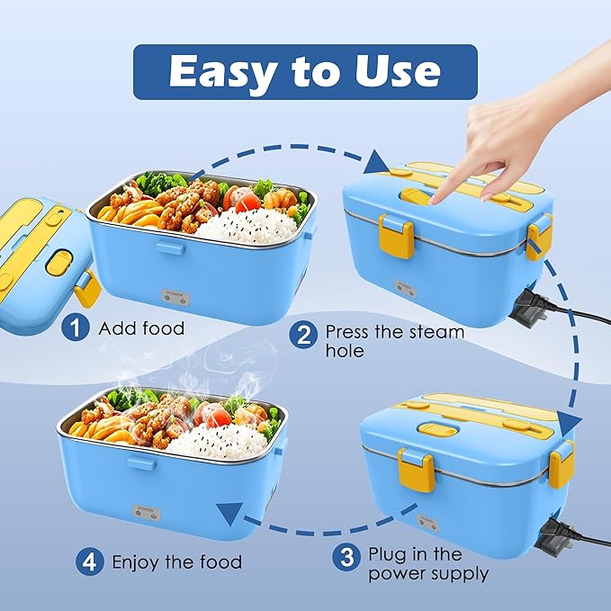 100W Heated Lunch Boxes for Adults 12V 24V 110V-230V Electric Lunch Box Food Heater for Car/Truck Portable Food Heating Boxes with 1.8L 304 SS Containe