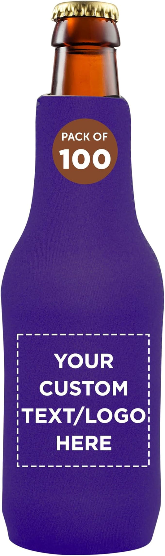 100 Neoprene Zippered Beer Bottle Coolies Pack - Customizable Text, Logo - Sharkskin Rubber Bottom - Purple