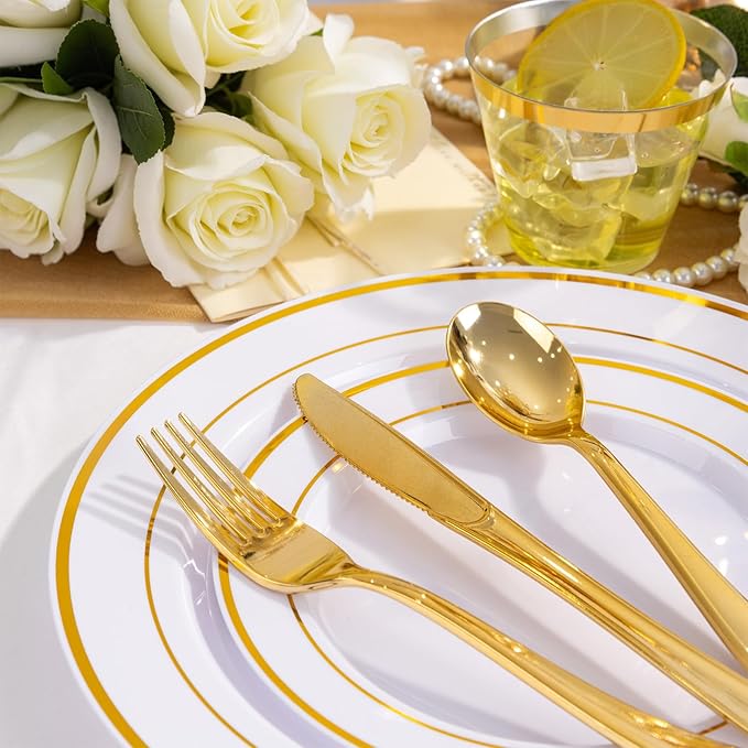 WELLIFE 600 PCS Gold Disposable Dinnerware Set for 100 Guests, Gold and White Plastic Plates for Party, 100 Each-Dinner & Salad Plates, Cups, Forks Knives Spoons for Wedding and Party
