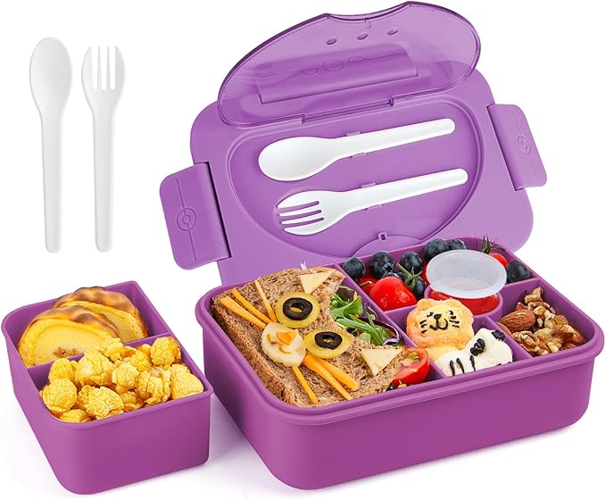 Bento Box Adult Lunch Box,Lunch Containers for Adults Kids,5-Compartment Bento Box for Kids Snack Boxes with Cutlery (Purple)