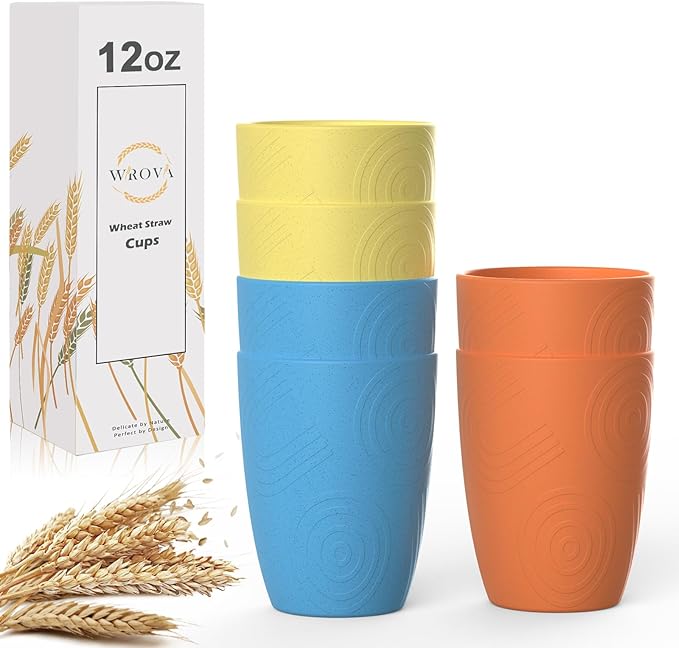 Wrova unbreakable wheat straw cups 12oz set of 6 with textured pattern anti slipping,alternative plastic drinkings cups suitable for hot and cold beverage,Yellow-Orange-Blue