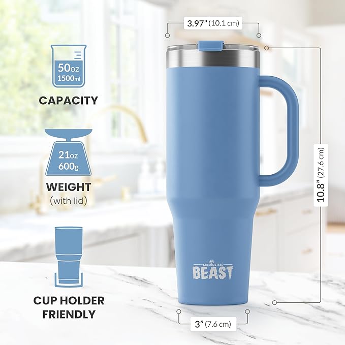 Beast 50 oz Tumbler Stainless Steel Vacuum Insulated Coffee Ice Cup Double Wall Travel Flask (Stormy Sky Blue)