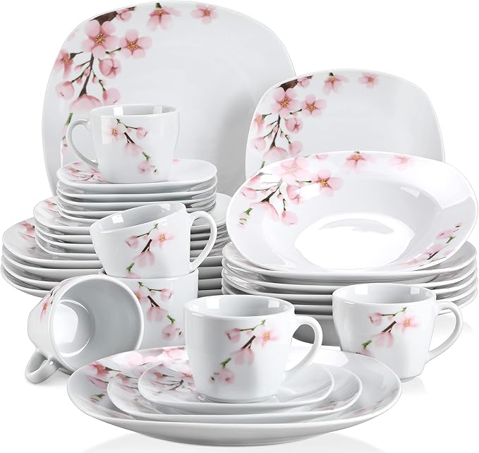 VEWEET Annie Porcelain Dinnerware for 6, 30-Piece Pink Floral Dish Set With Plates and Bowls Including Dinner, Dessert, Soup, Cups & Saucers