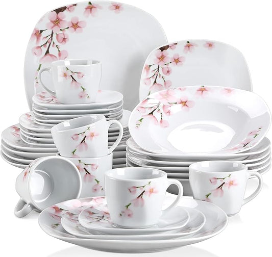 VEWEET Annie Porcelain Dinnerware for 6, 30-Piece Pink Floral Dish Set With Plates and Bowls Including Dinner, Dessert, Soup, Cups & Saucers