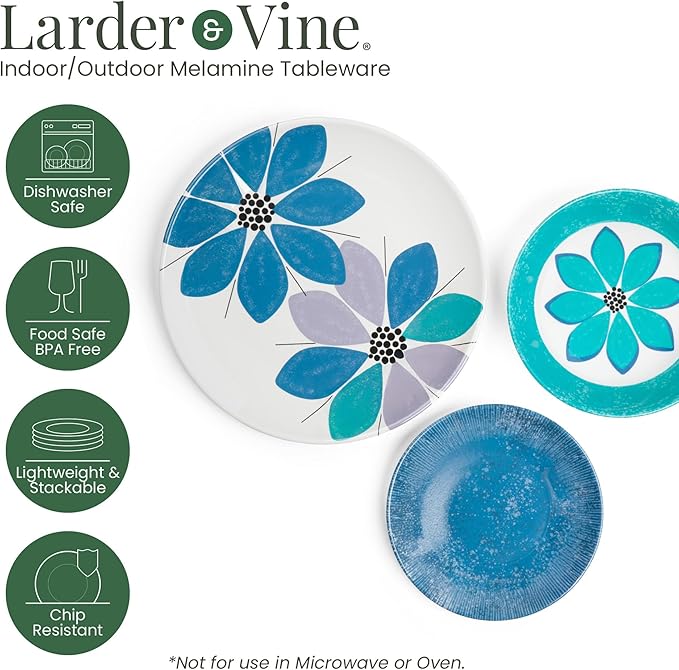 Larder & Vine 12-Piece Melamine Dinnerware Set: Durable, Lightweight, Break-Resistant Plates & Bowls – Stylish, Non-Toxic, Dishwasher Safe – Ideal for Everyday Use, Indoor & Outdoor Dining – Floral