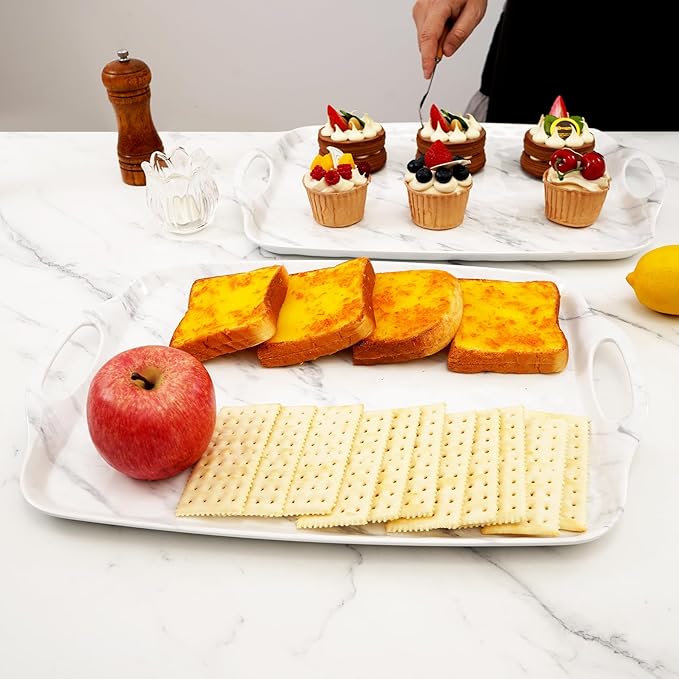 TP Serving Trays with Handles, 17 Inch Large Rectangular Melamine Serving Platter Set of 2, White Marble
