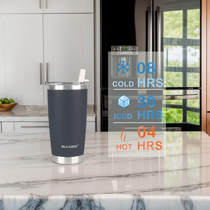 Soft Gray 20 oz Stainless Steel Vacuum Insulated Tumbler with Lid,Durable Travel Coffee Mugs Cups,Dishwasher Safe, Leak Proof,Cold And Hot Coffee Bottle,Easy Cleaning,Silicone Coating Soft Touch,men